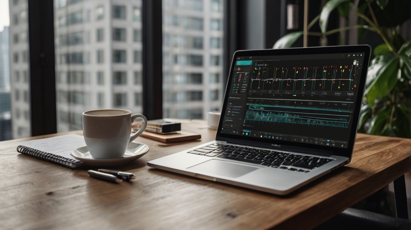 Laptop on office desk showing AI writing tools with coffee cup, 2025 content creator workspace